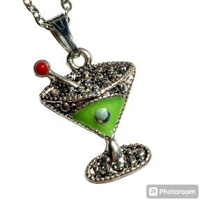 Martini Cocktail Drink Cup Glass Charm Necklace Pendant Green Enamel 18" Chain